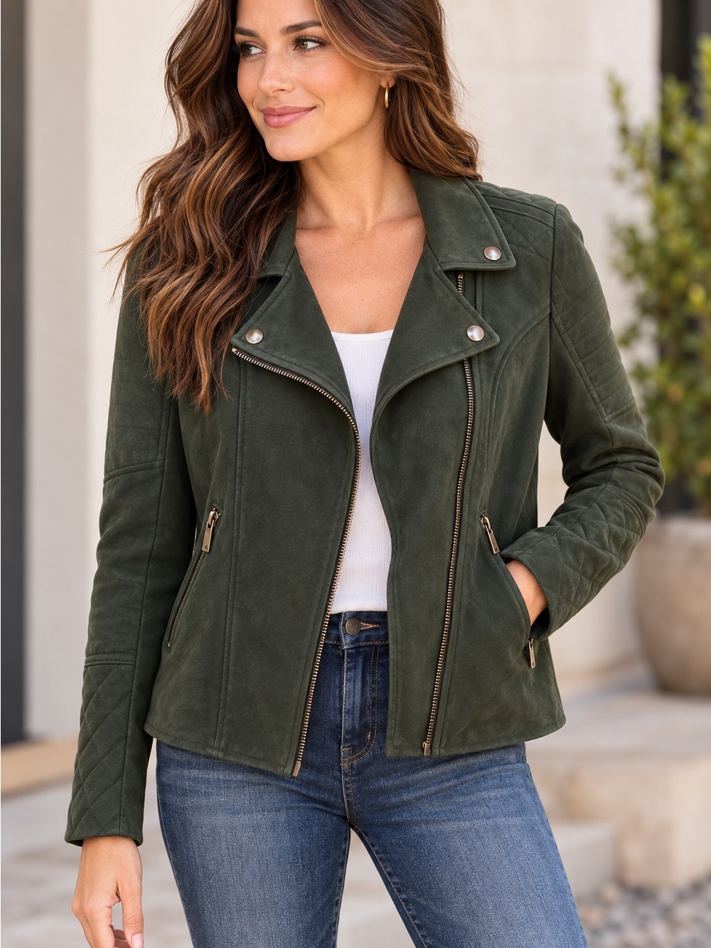 KUT From The Kloth Emma Faux Suede Moto Jacket Forest Green XL Quilted